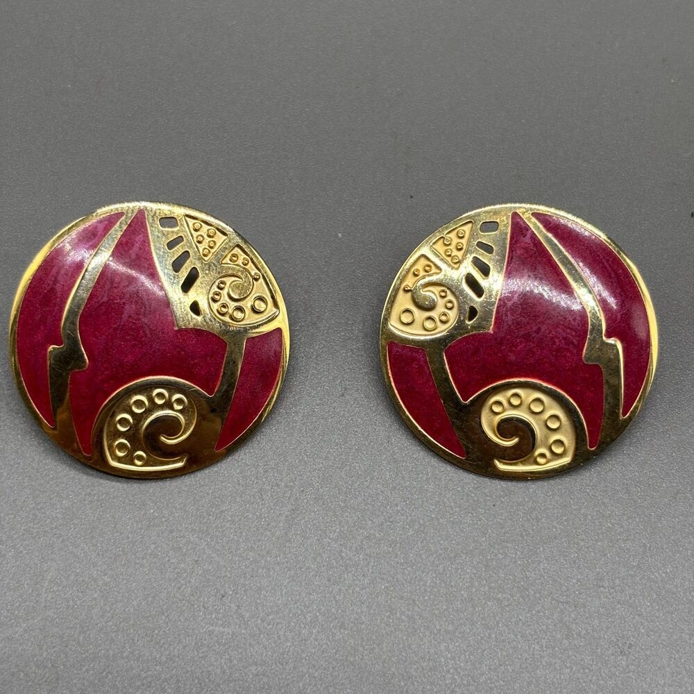 Vintage Edgar Berebi Round Stud Earrings Burgundy Enamel Gold Tone Art Deco